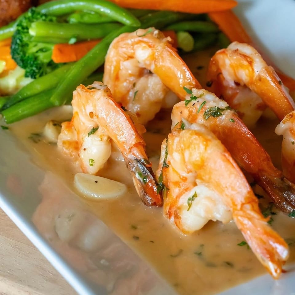Shrimp scampi with garlic, parsley, and a side of steamed green beans and carrots.