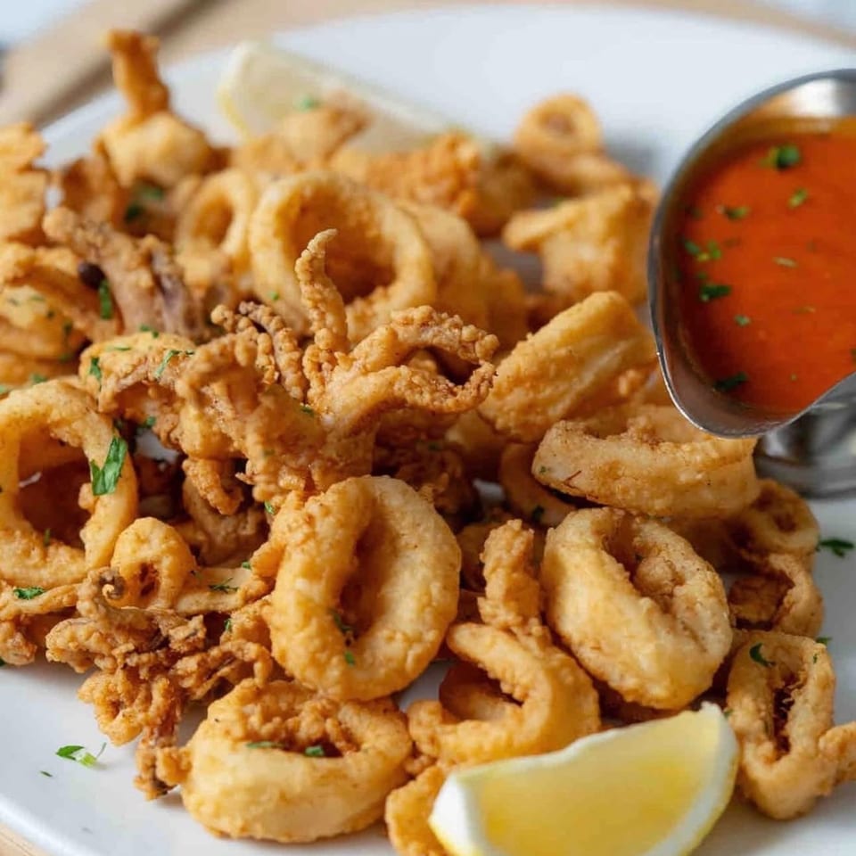 Crispy fried calamari rings and tentacles with a side of red marinara sauce and lemon wedges.