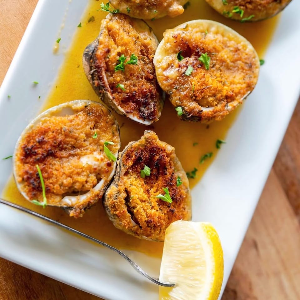 Baked clams with golden breading and parsley, served with a lemon wedge on a white plate.